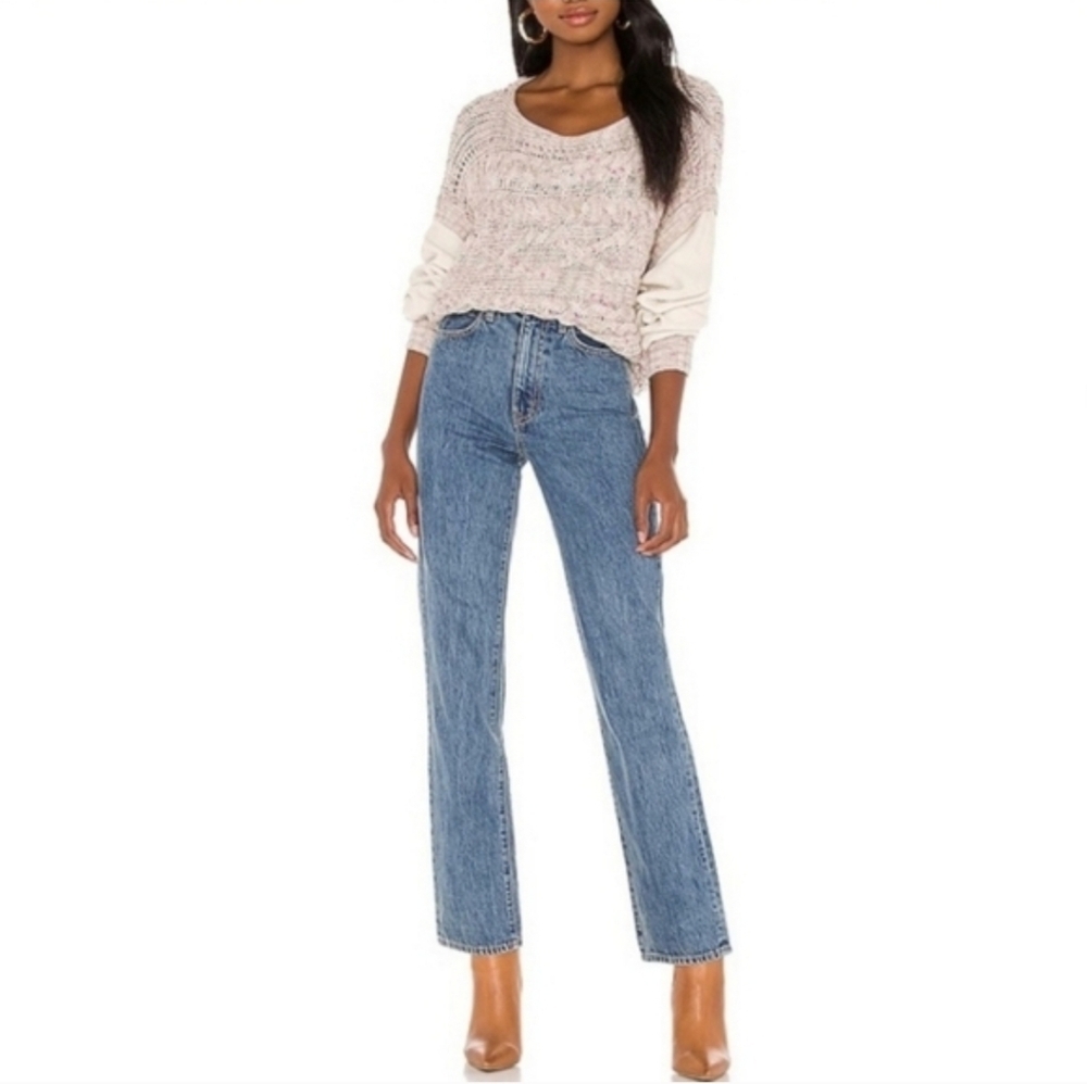 Free People Honey Cable Knit Long Drop Shoulder White Combo Cropped Sweater - M - Picture 3 of 13